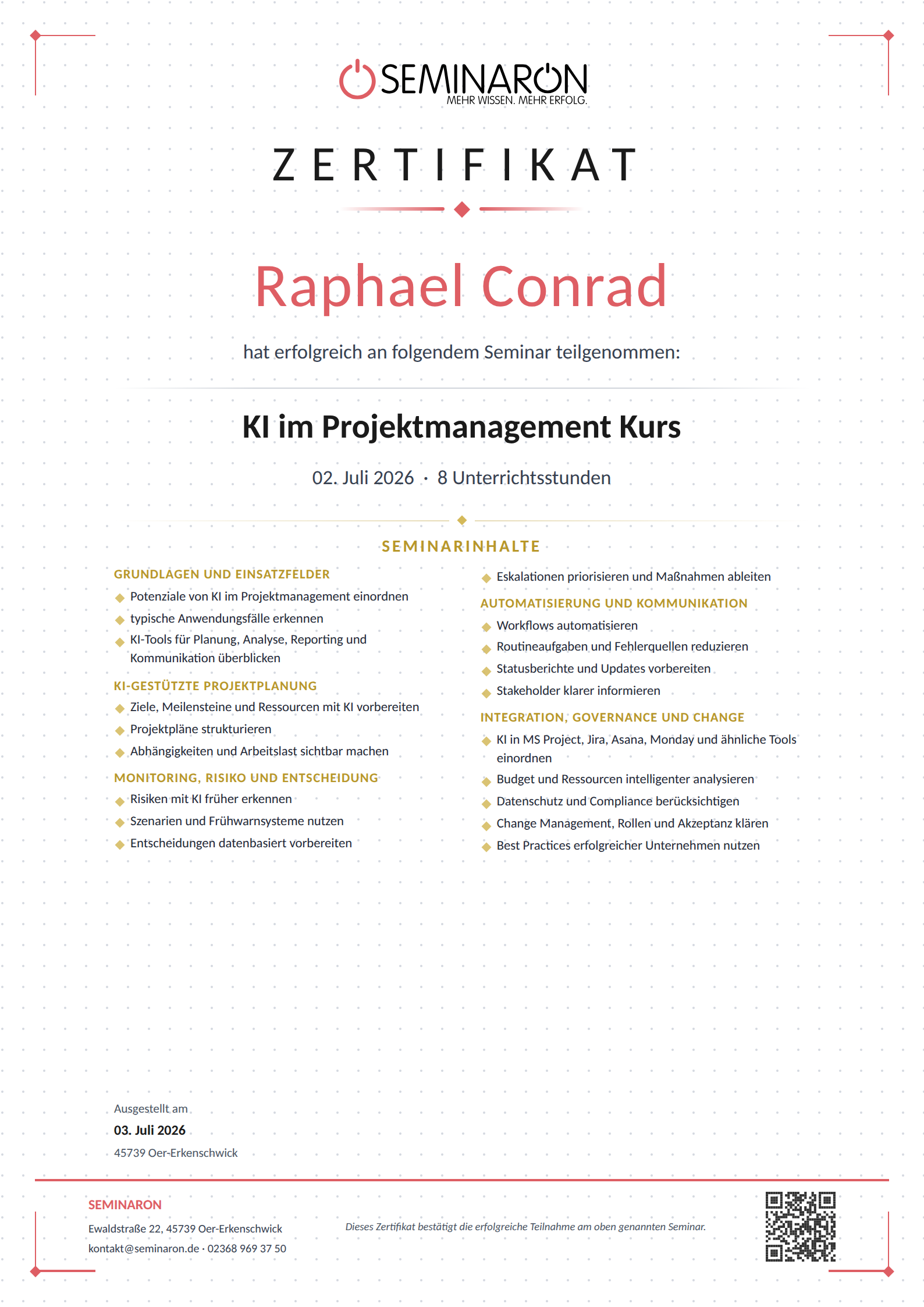 Zertifikat: KI im Projektmanagement Kurs — Raphael Conrad